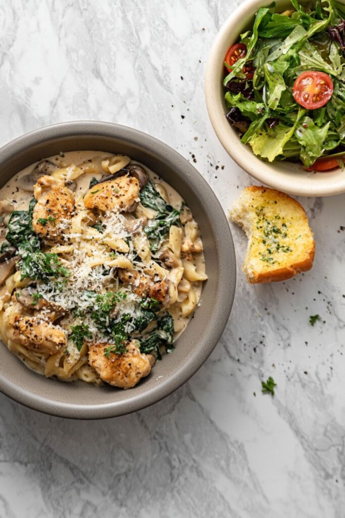 Creamy Chicken Mushroom Spinach Pasta Recipe