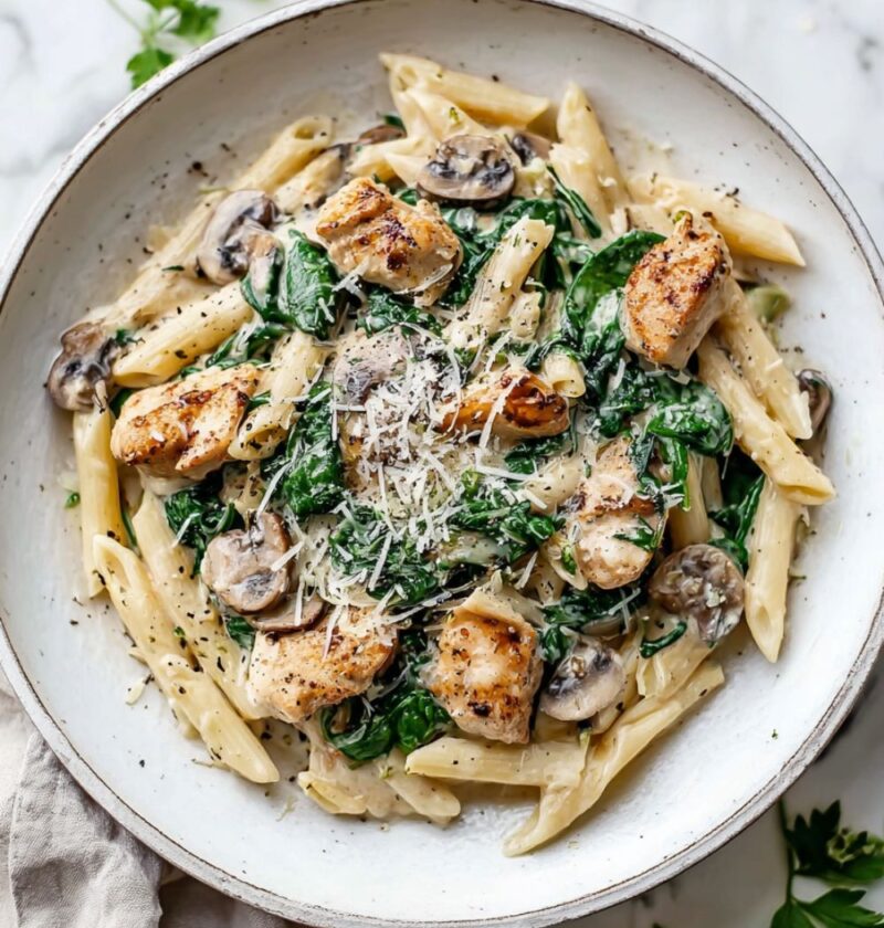 Creamy Chicken Mushroom Spinach Pasta Recipe