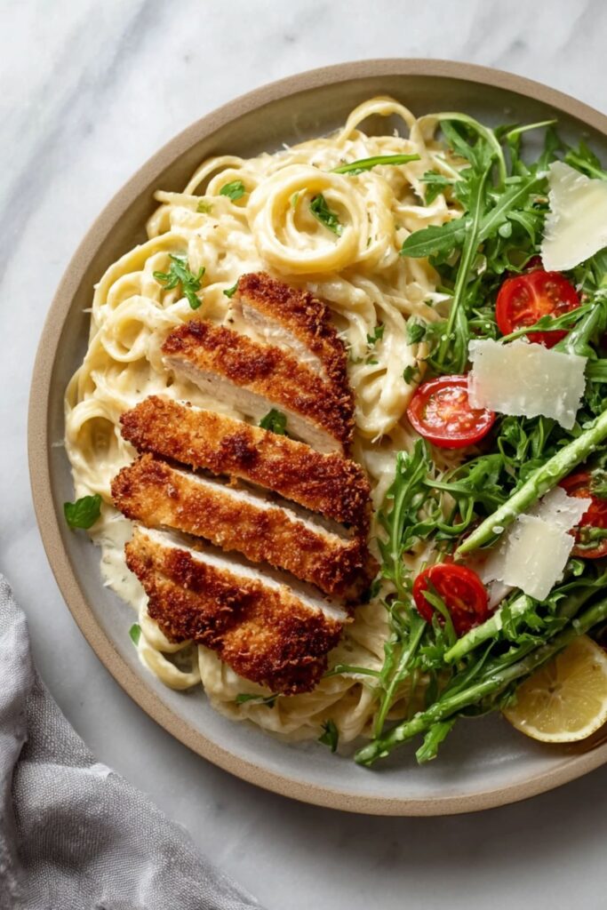 Parmesan Crusted Chicken Pasta in Garlic Cream Sauce Recipe