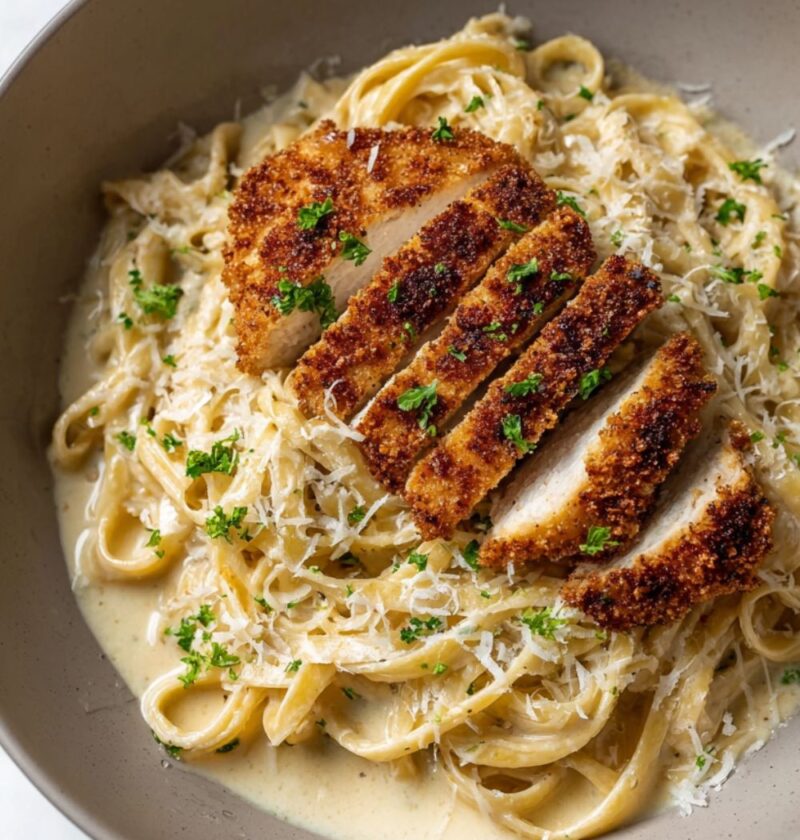 Parmesan Crusted Chicken Pasta in Garlic Cream Sauce Recipe